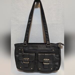 Gray Leather  Handbag with Buckle Accents